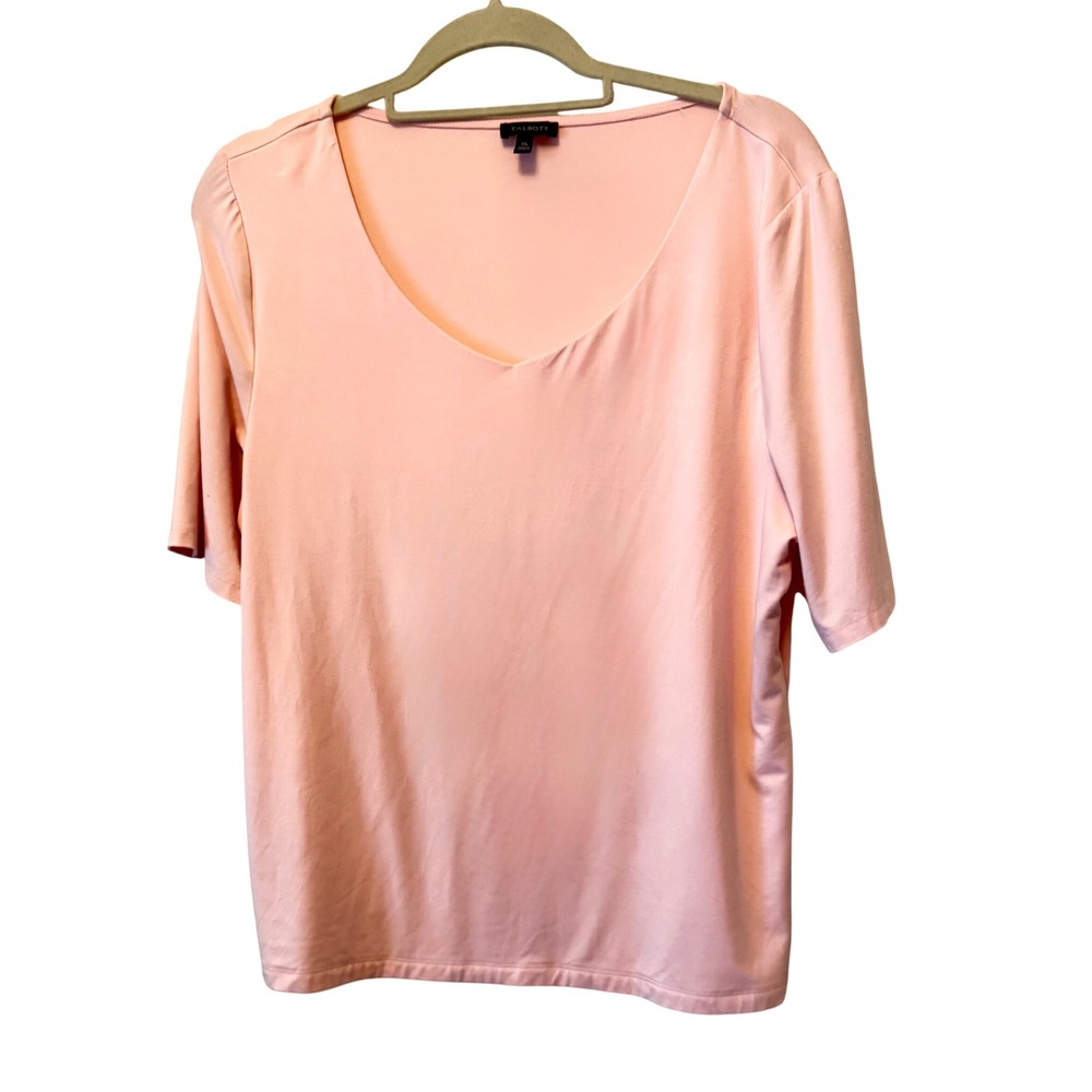 Talbots Pink V-Neck Short Sleeve Rayon Spandex Knit Top XL Stretch Office wear